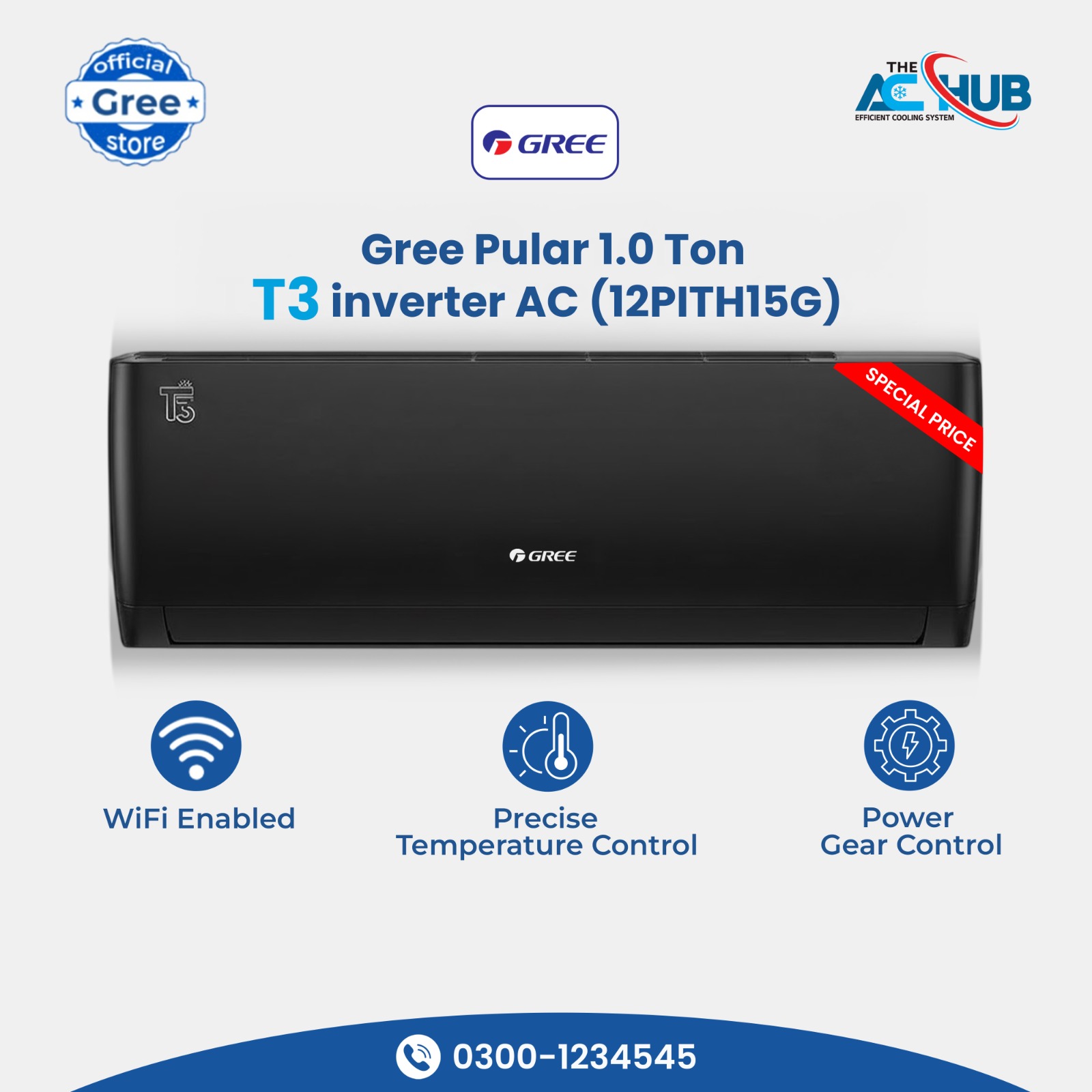 Gree 1 Ton, T3 inverter AC, Heat and Cool Air Conditioner Grey (12PITH15-G)