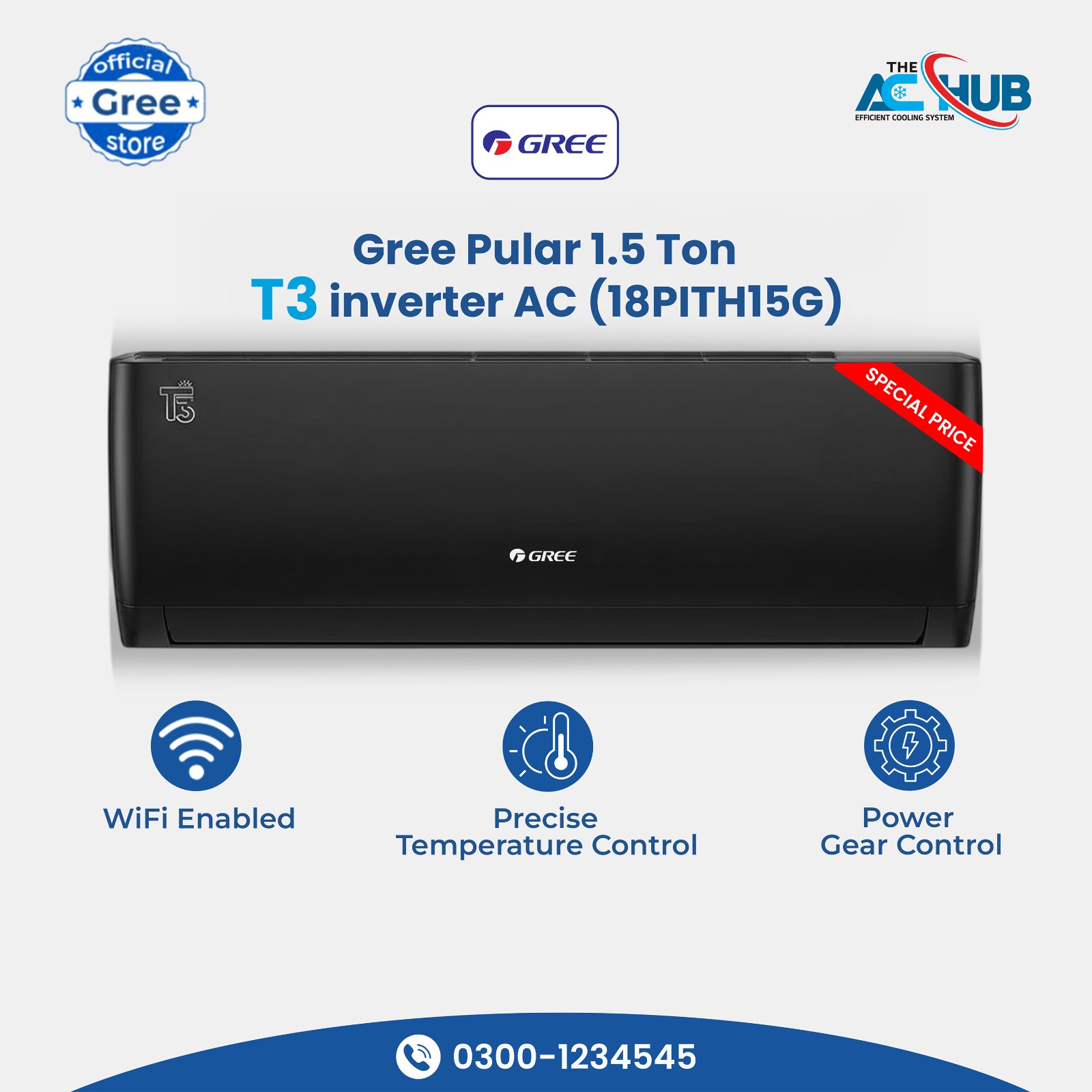 Gree 1.5 Ton, T3 inverter AC, Heat and Cool Air Conditioner (Grey)
